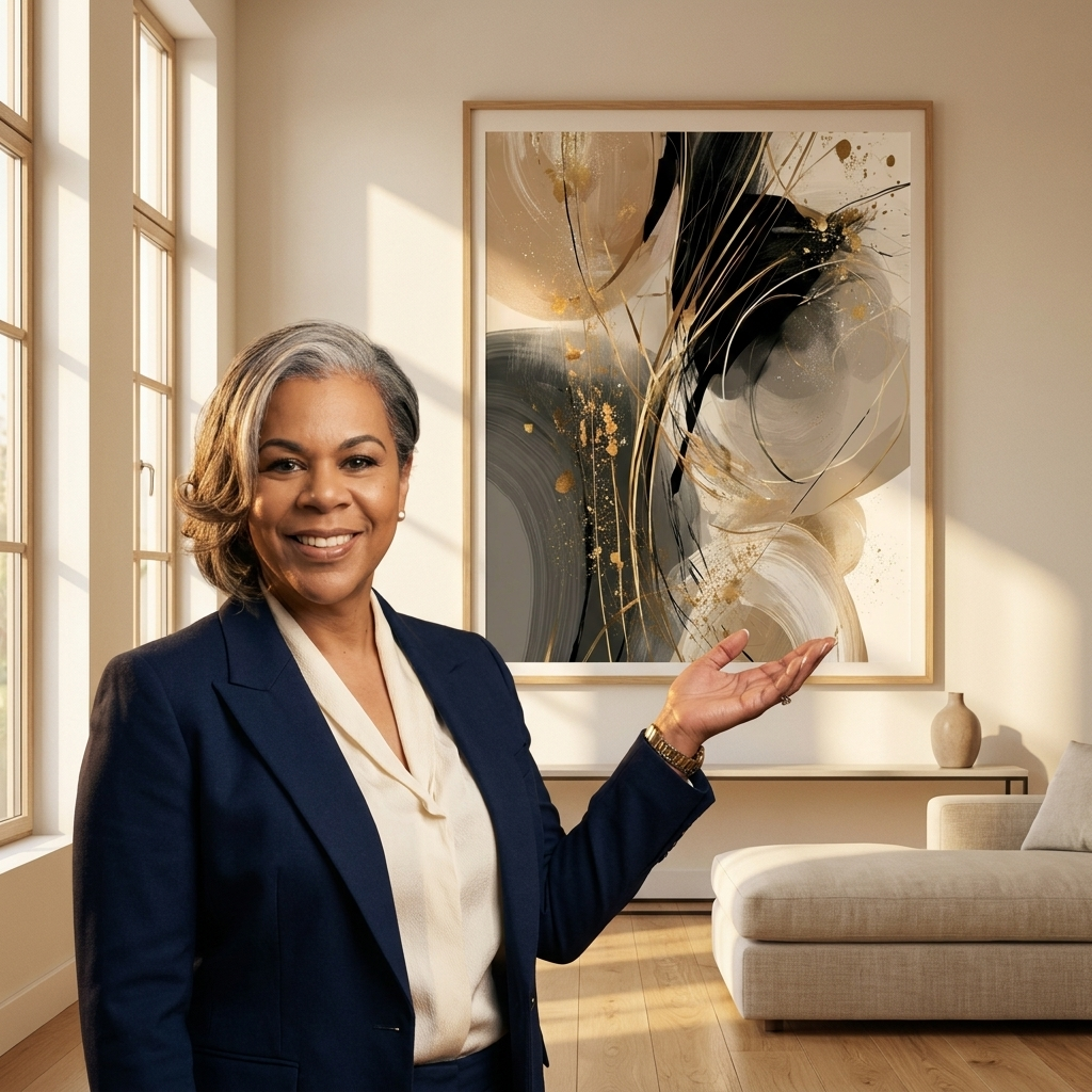 Selena Washington presenting framed art in a sunlit room